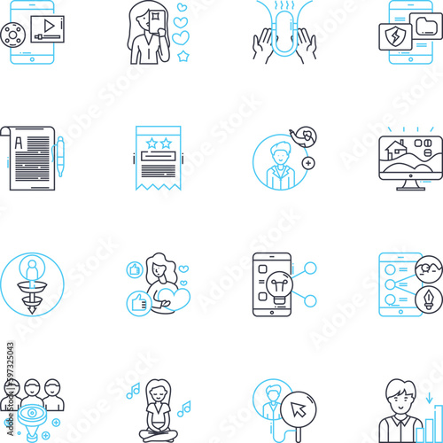 Content experience linear icons set. Engagement, Storytelling, Personalization, Navigation, Design, Interactivity, Immersive line vector and concept signs. Responsive,Curation,Accessibility outline