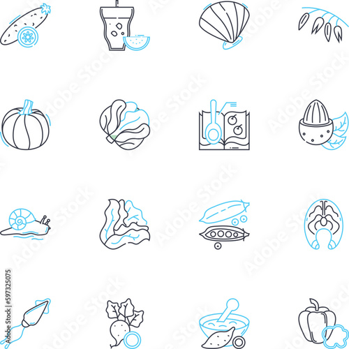Charming cuisine linear icons set. Delectable, Flavorful, Savory, Tasty, Mouthwatering, Scrumptious, Appetizing line vector and concept signs. Gourmet,Exquisite,Delicious outline illustrations