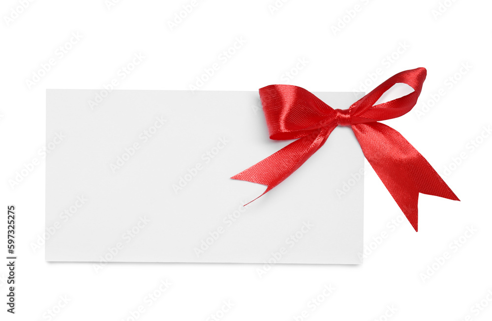 Blank gift card with red bow isolated on white, top view Blank gift card with red bow isolated on white, top view