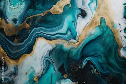 Abstract 3D marble wallpaper with blue, turquoise, gray, and gold geode resin art. Generative AI