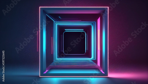 3D rendering process. It features a glowing neon square. The center of the frame contains a laser geometric linear shape that is set aga
