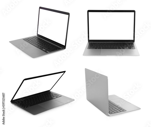 Collage with modern laptop isolated on white, different sides