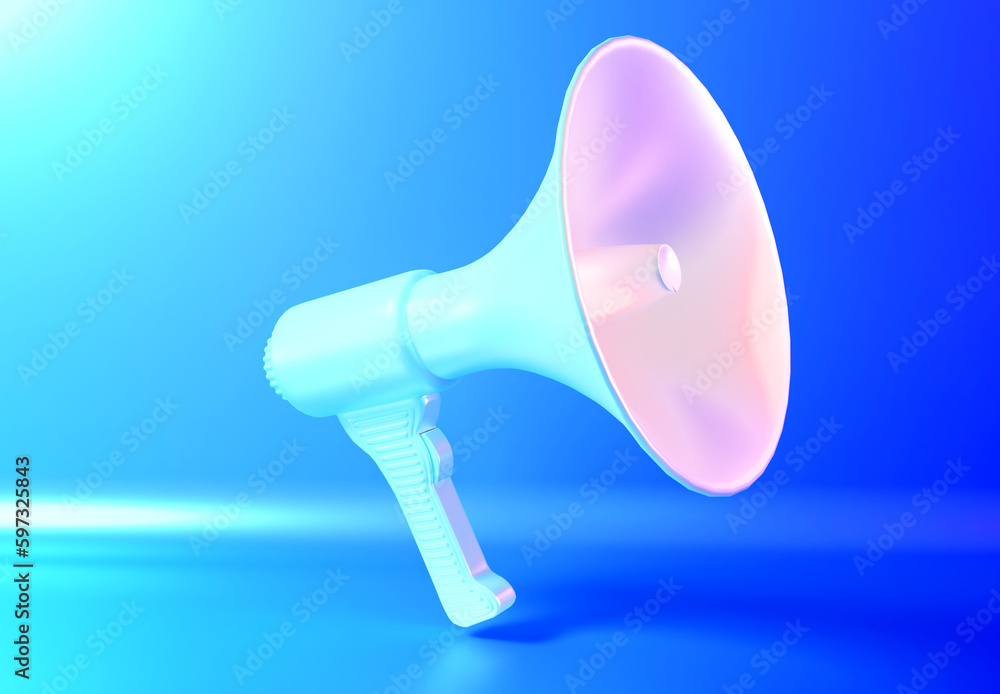 Megaphone on blue background. Concept of join us, job vacancy and announcement in modern flat cartoon style design. 3D Rendering.