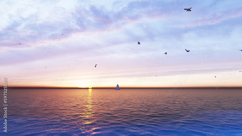 Sailboat sunset fantasy with a silhouetted boat sailing along its journey against a vivid colorful sunset with birds flying in formation against an orange and yellow color filled sky. 3d rendering.