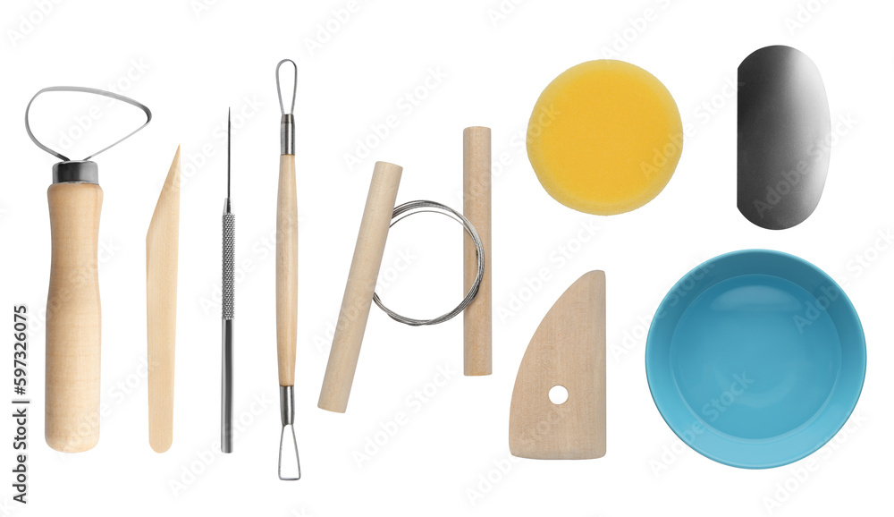 Set of pottery tools and ceramic bowl on white background Set of pottery tools and ceramic bowl on white background