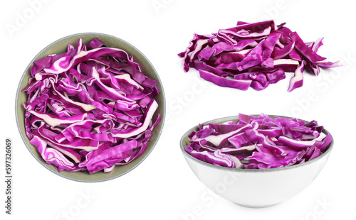 Collage with shredded fresh red cabbage on white background