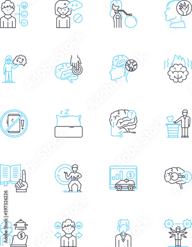 Self-discipline linear icons set. Focus, Commitment, Willpower, Determination, Persistence, Consistency, Motivation line vector and concept signs. Control,Responsibility,Resilience outline