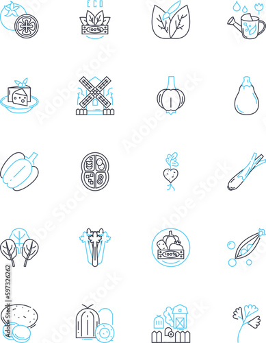 Sustainable agriculture linear icons set. Organic, Regenerative, Permaculture, Biodynamic, Agroforestry, No-till, Composting line vector and concept signs. Biodiversity,Conservation,Soil health