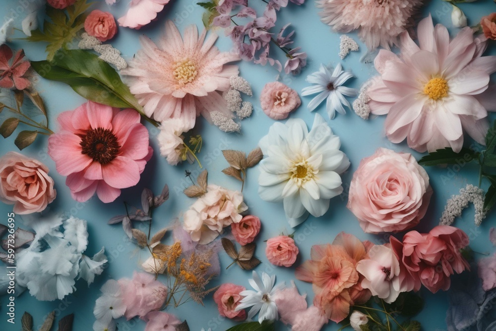 Flat lay of pastel pinks and blues spring flowers. Generative AI