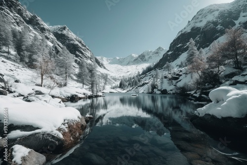 A snowy mountain lake scenery. Generative AI