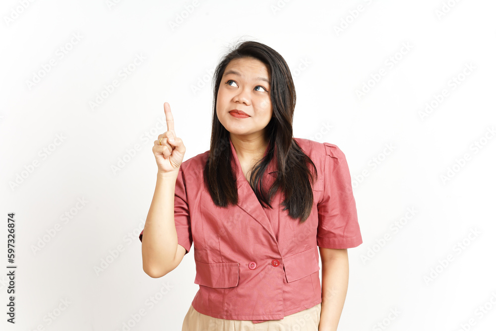 Showing Product and Pointing Up Of Beautiful Asian Woman Isolated On White Background Showing Product and Pointing Up Of Beautiful Asian Woman Isolated On White Background
