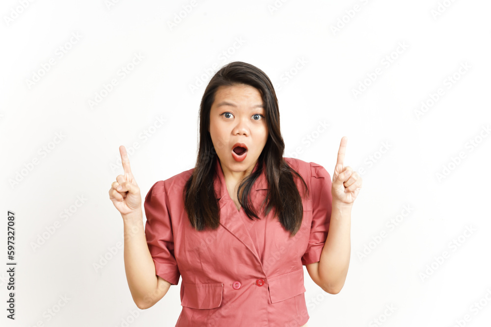 Showing Product and Pointing Up Of Beautiful Asian Woman Isolated On White Background Showing Product and Pointing Up Of Beautiful Asian Woman Isolated On White Background