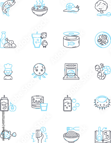 Oyster bar linear icons set. Oysters, Seafood, Clams, Shrimp, Lobster, Crab, Mussels line vector and concept signs. Raw,Fresh,Fried outline illustrations