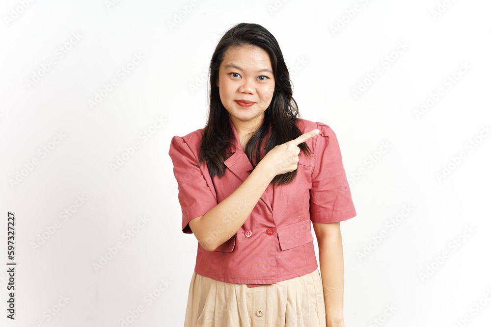 Showing Product and Pointing Side using Forefinger Of Beautiful Asian Woman Isolated On White Showing Product and Pointing Side using Forefinger Of Beautiful Asian Woman Isolated On White