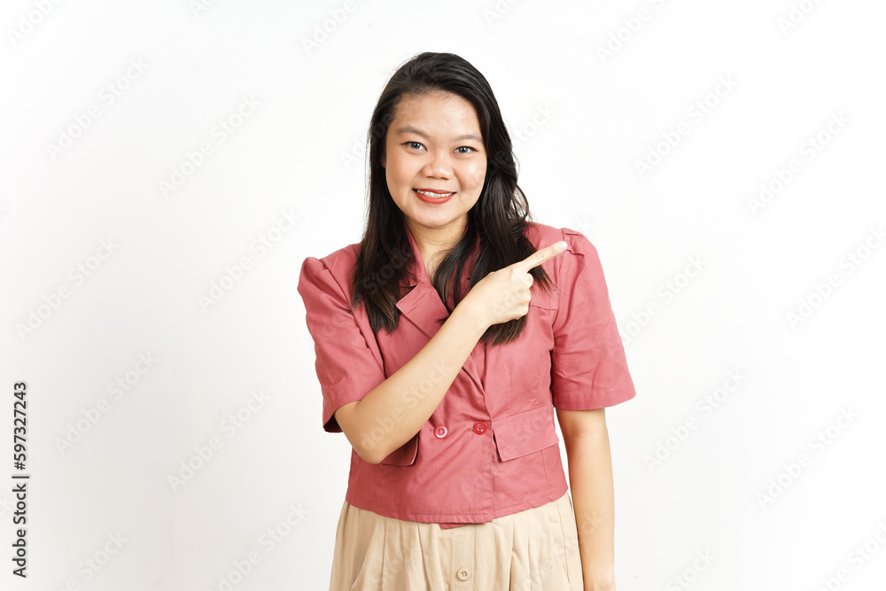 Showing Product and Pointing Side using Forefinger Of Beautiful Asian Woman Isolated On White Showing Product and Pointing Side using Forefinger Of Beautiful Asian Woman Isolated On White