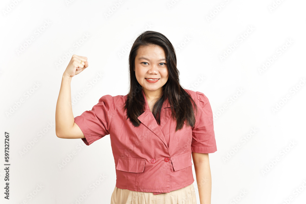 Showing strength and rise arms Of Beautiful Asian Woman Isolated On White Background Showing strength and rise arms Of Beautiful Asian Woman Isolated On White Background