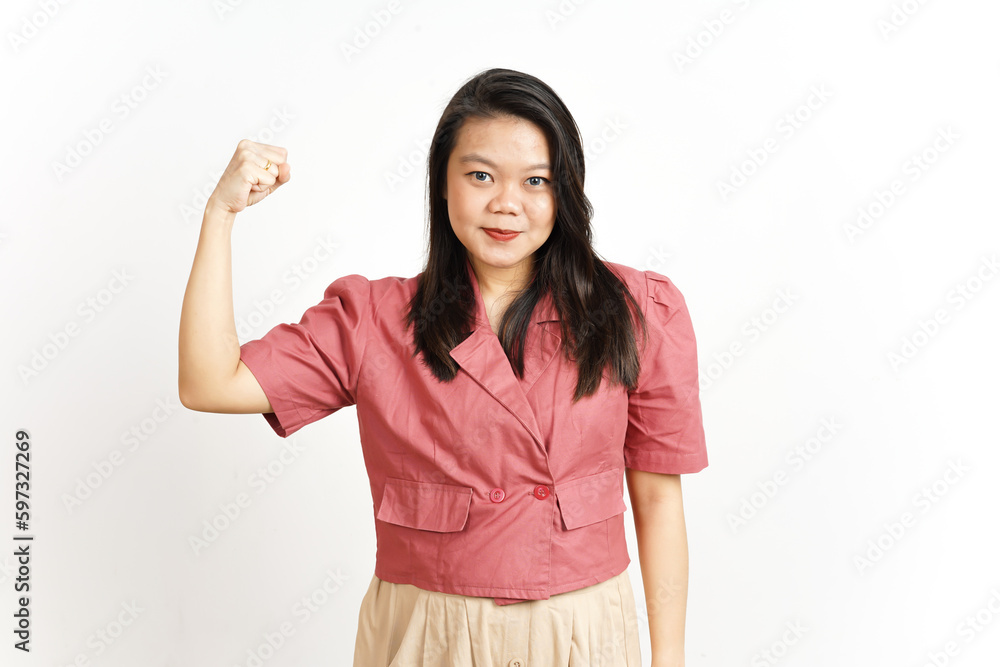 Showing strength and rise arms Of Beautiful Asian Woman Isolated On White Background Showing strength and rise arms Of Beautiful Asian Woman Isolated On White Background