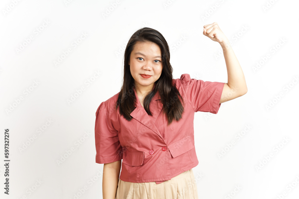 Showing strength and rise arms Of Beautiful Asian Woman Isolated On White Background Showing strength and rise arms Of Beautiful Asian Woman Isolated On White Background