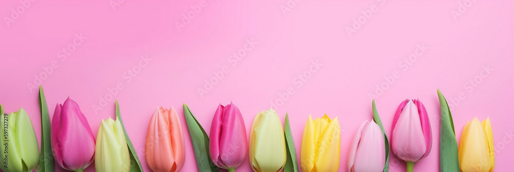 Rainbow spring tulip flowers on pink background top view in flat lay style, Greeting for Mother's Day Spring Sale Banner, Generative AI