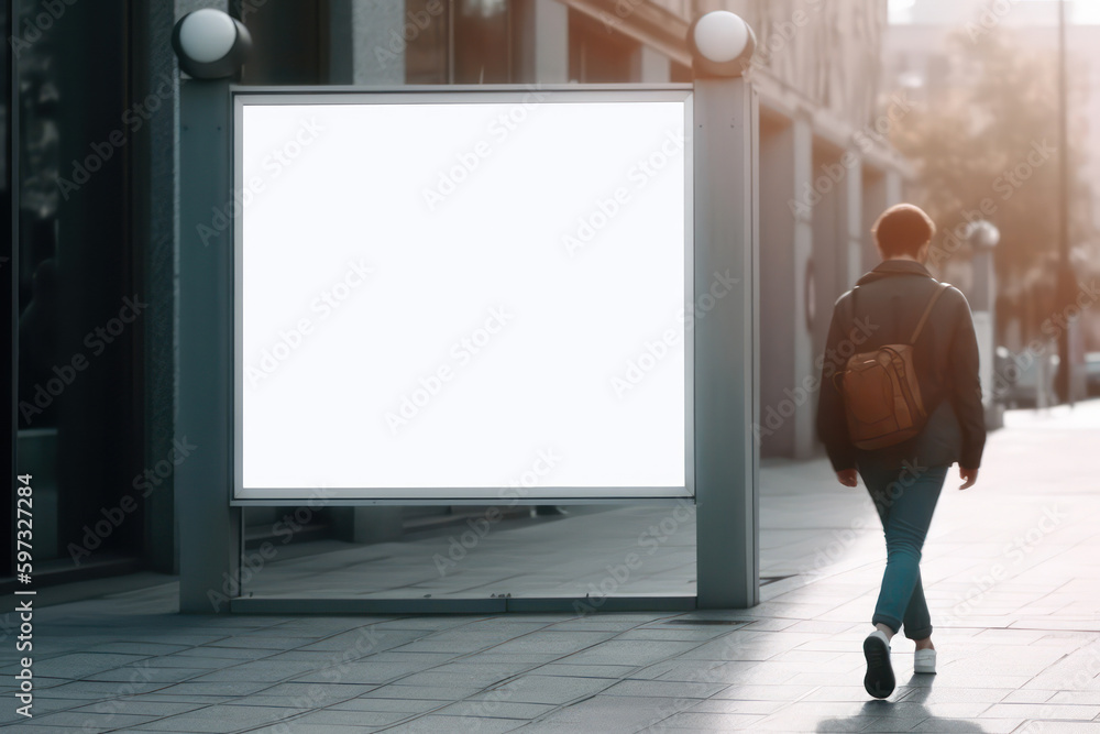 display blank clean screen or signboard mockup for offers or advertisement in public area with people walking by - Generative AI display blank clean screen or signboard mockup for offers or advertisement in public area with people walking by - Generative AI