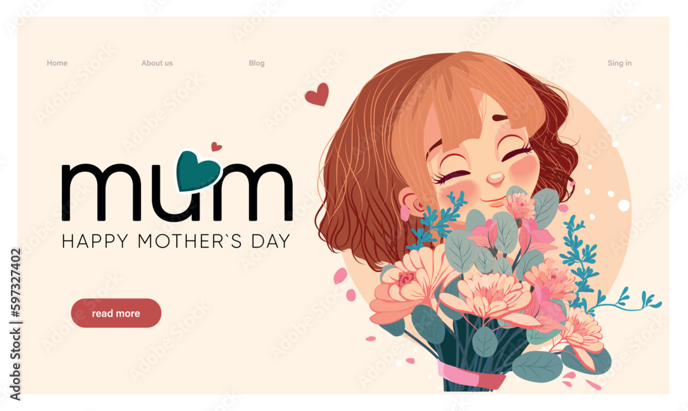 Happy mothers day illustration with woman holding a Flowers. Thank you card with blooming flowers. Use for Boarding Pass, birthday card, invitations, Birthday card Vector illustration Happy mothers day illustration with woman holding a Flowers. Thank you card with blooming flowers. Use for Boarding Pass, birthday card, invitations, Birthday card Vector illustration