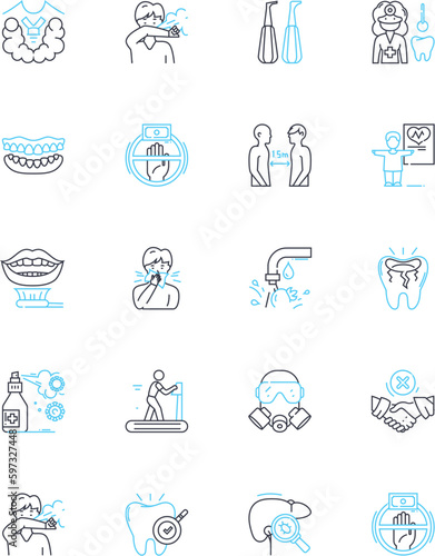 Oral health linear icons set. Dentistry, Flossing, Plaque, Cavity, Mouthwash, Halitosis, Teeth line vector and concept signs. Toothpaste,Gingivitis,Bruxism outline illustrations