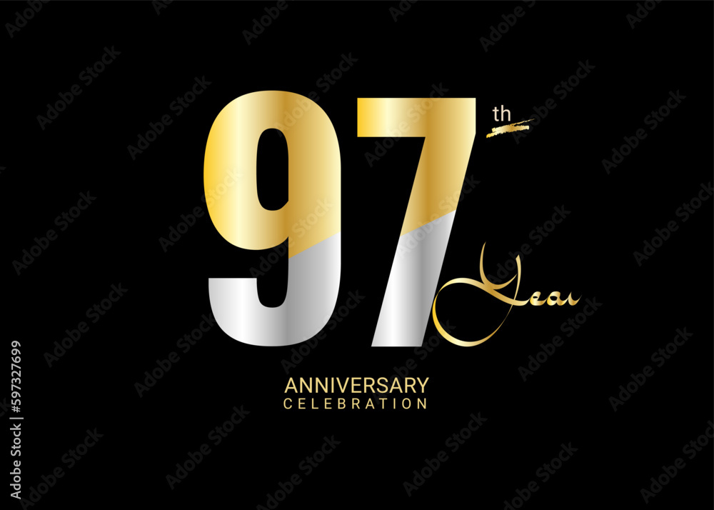 97 Years Anniversary Celebration gold and silver Vector Template, 97 number logo design, 97th Birthday Logo, logotype Anniversary, Vector Anniversary For Celebration, poster, Invitation Card 97 Years Anniversary Celebration gold and silver Vector Template, 97 number logo design, 97th Birthday Logo, logotype Anniversary, Vector Anniversary For Celebration, poster, Invitation Card