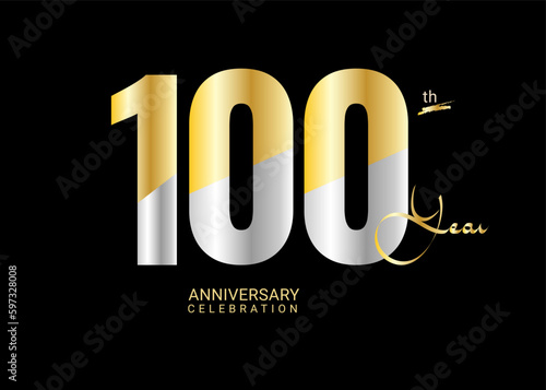 100 Years Anniversary Celebration gold and silver Vector Template, 100 number logo design, 100th Birthday Logo,  logotype Anniversary, Vector Anniversary For Celebration, poster, Invitation Card