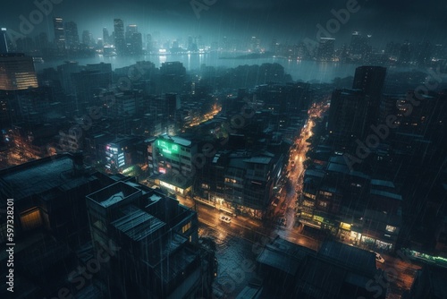 A city illuminated at night with neon lights and raining. Generative AI