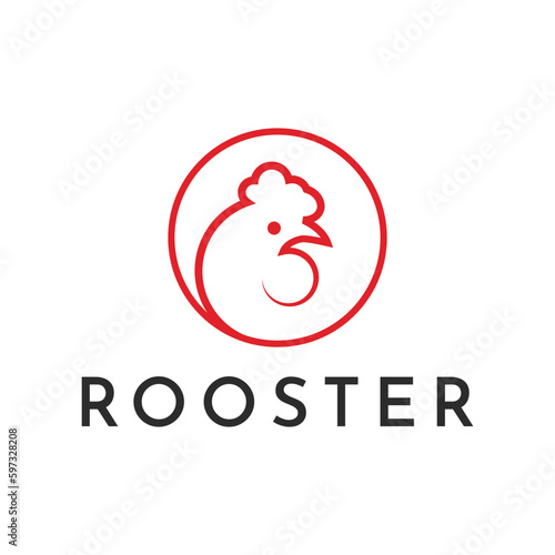 Chicken head logo vector illustration symbol with circle. Minimalist chicken rooster.