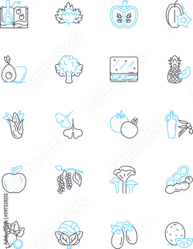 Food arts linear icons set. Plating, Garnishing, Culinary, Artisanal, Fusion, Composition, Aesthetics line vector and concept signs. Presentation,Edible,Creative outline illustrations