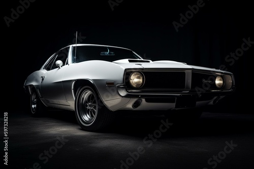 White muscle car on black background. Generative AI