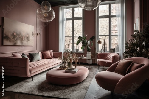 Posh pink living space with contemporary design and furnishings. Generative AI