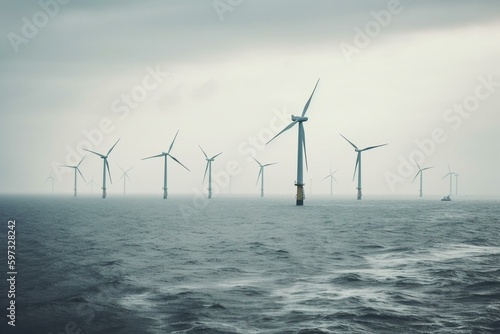 Wind turbines on a hazy afternoon at offshore wind farm. Sustainable power concept. Generative AI