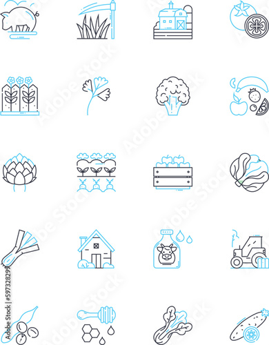 Field linear icons set. Agriculture, Cultivation, Harvest, Crops, Irrigation, Fertilization, Plowing line vector and concept signs. Tilling,Seedlings,Pesticides outline illustrations