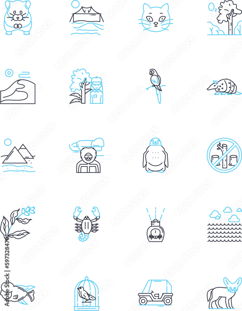 Critters linear icons set. Bugs, Insects, Rodents, Reptiles, Arachnids, Mammals, Birds line vector and concept signs. Amphibians,Bees,Spiders outline illustrations