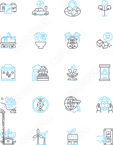 Eco-friendly energy linear icons set. Solar, Wind, Biomass, Hydro, Geothermal, Renewable, Efficiency line vector and concept signs. Green,Sustainable,Alternative outline illustrations