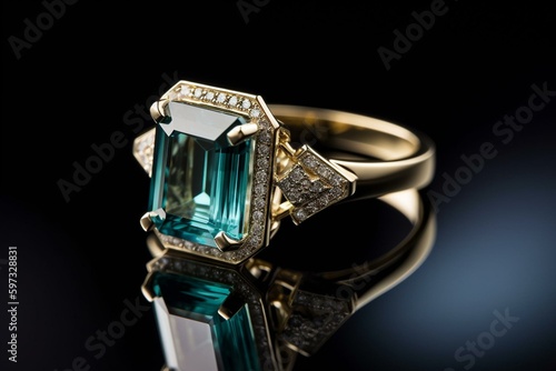 Yellow gold ring with emerald cut alexandrite stone in halo setting, rendered in 3D. Generative AI photo