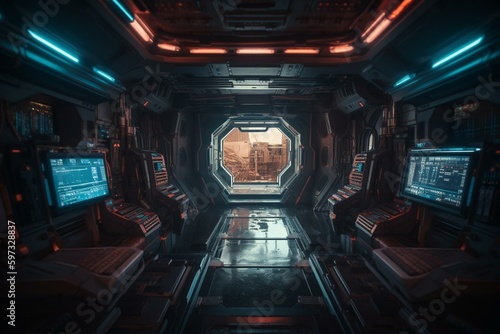 Futuristic spaceship interior featuring a window, glowing blue and red control panels, and 3D rendering. Generative AI