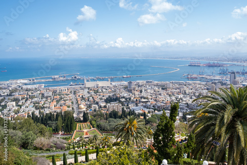 The cityscape of Haifa city and metropolitan area. Panoramic view of the Bahai gardens