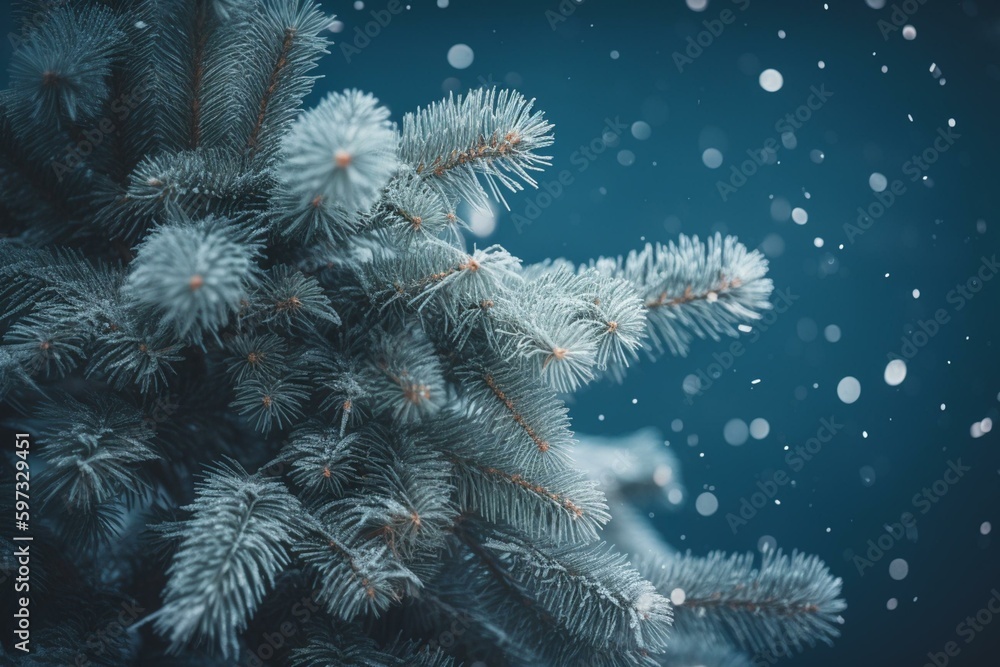 Festive winter banner with blue background, frosty pine tree and Christmas vibe. Generative AI
