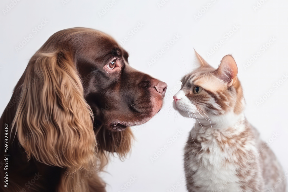Domestic animals, a cat and dog, sitting together with adorable expressions, showing the beauty of pet ownership. AI Generative. Domestic animals, a cat and dog, sitting together with adorable expressions, showing the beauty of pet ownership. AI Generative.