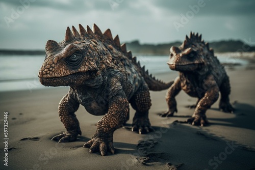 Two late Cretaceous Pachycephalosaurus walking on beach. Generative AI © Kato