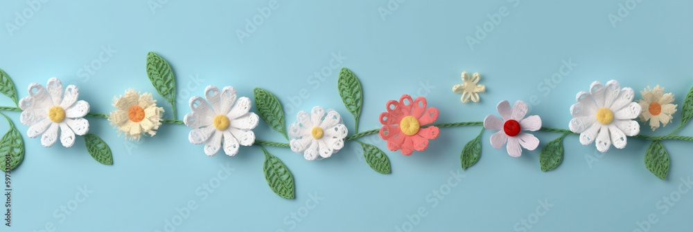 Crochet banner with spring flowers on light blue background for Mother's Day, birthday, wedding, springtime card, Spring banner, Generative AI Crochet banner with spring flowers on light blue background for Mother's Day, birthday, wedding, springtime card, Spring banner, Generative AI