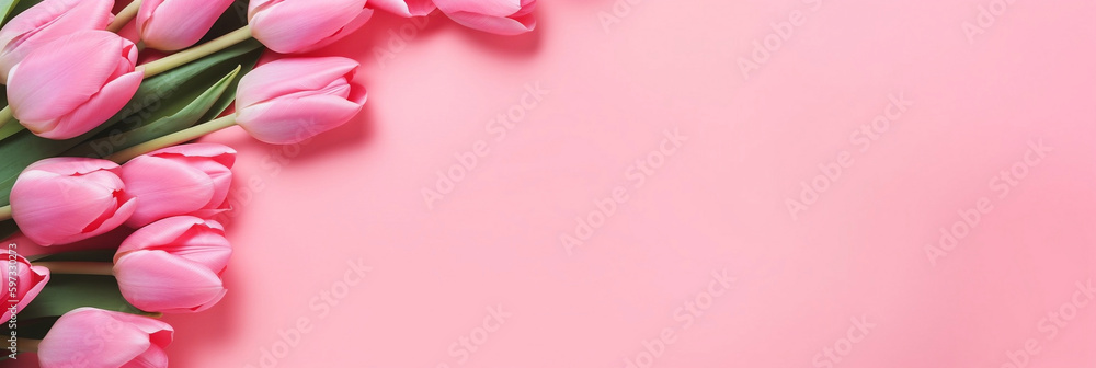 Spring tulip flowers on pink background top view in flat lay style, Greeting for Women or Mother's Day Spring Sale Banner, Tulip, Flowers, Pink, Background, Top View, Generative AI Spring tulip flowers on pink background top view in flat lay style, Greeting for Women or Mother's Day Spring Sale Banner, Tulip, Flowers, Pink, Background, Top View, Generative AI
