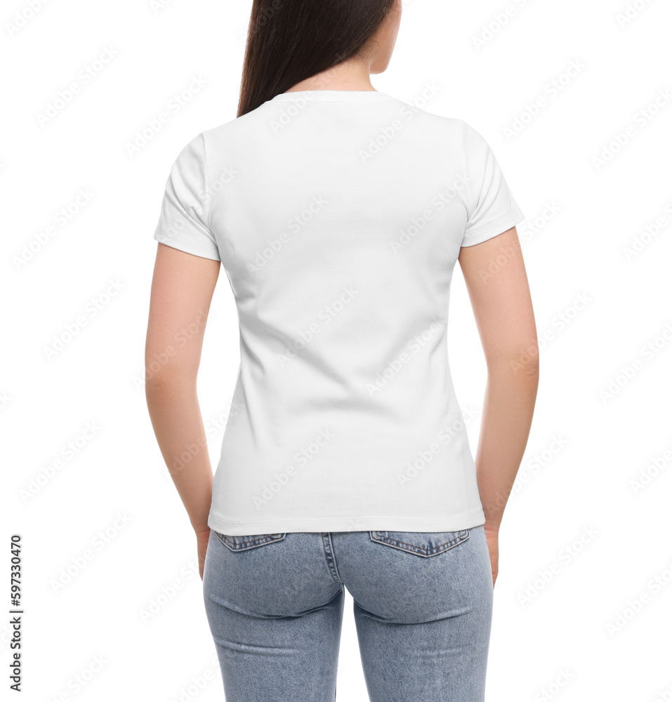 Woman wearing stylish T-shirt on white background, closeup Woman wearing stylish T-shirt on white background, closeup