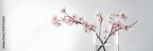 Cherry blossom branches in a glass vase on white with writing space, spring bouquet, room decor, Elegant business card mockup, Mother's Day postcard, Freshness, Minimalist, Generative AI © Ash