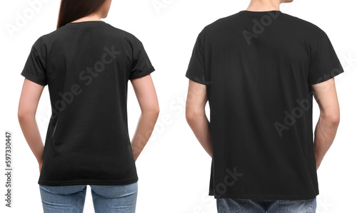 People wearing black t-shirts on white background, back view. Mockup for design