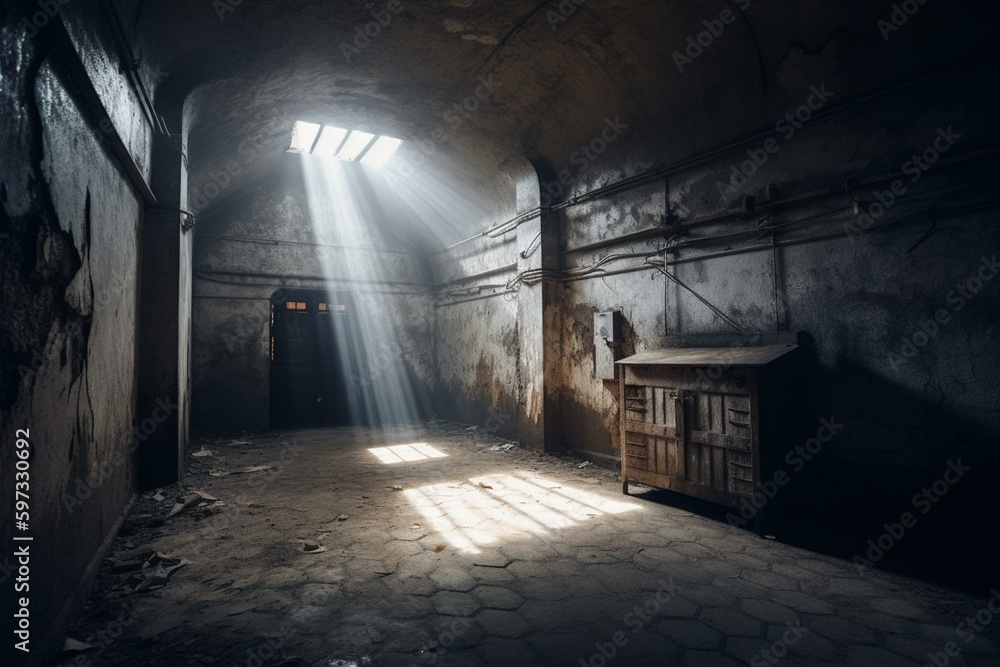 Abandoned chamber with concrete walls. Punctured lighting casts dramatic shadows. Generative AI