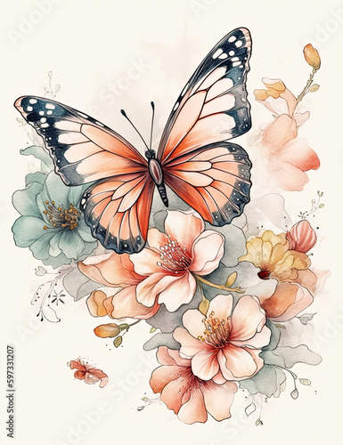 Butterfly, asian style, flowers, pastel colors, digital prints, digital assets, watercolor. Generative AI.